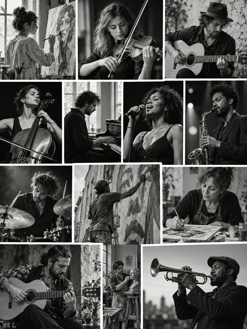 Mosaico en blanco y negro de artistas: pintores, músicos y un escultor